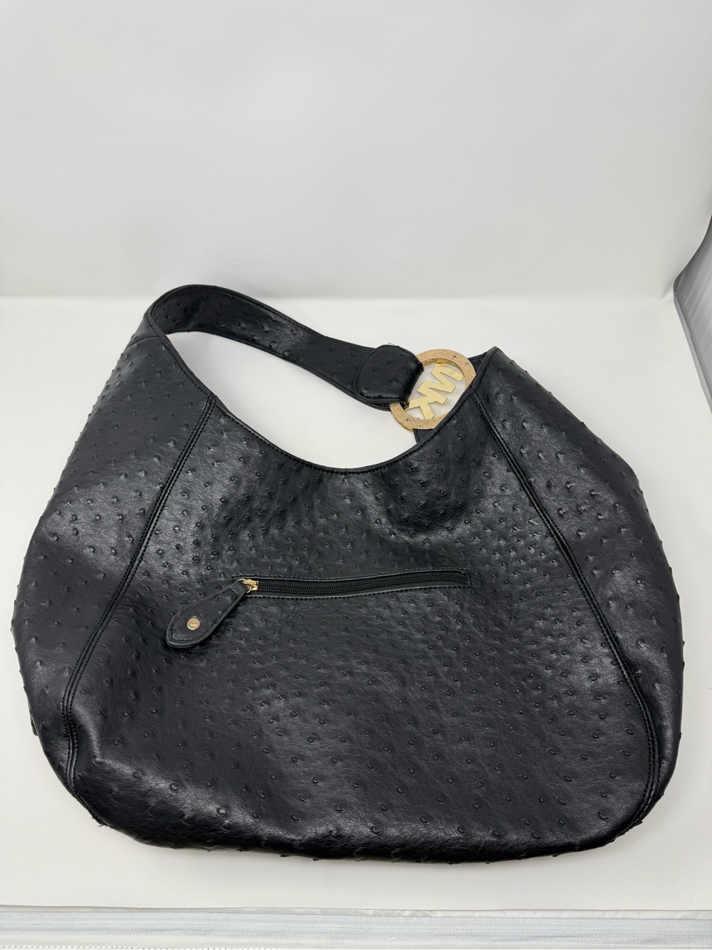 Michael Kors Black Ostrich Leather Hobo Bag Gold MK Logo Shoulder Purse - Picture 3 of 14